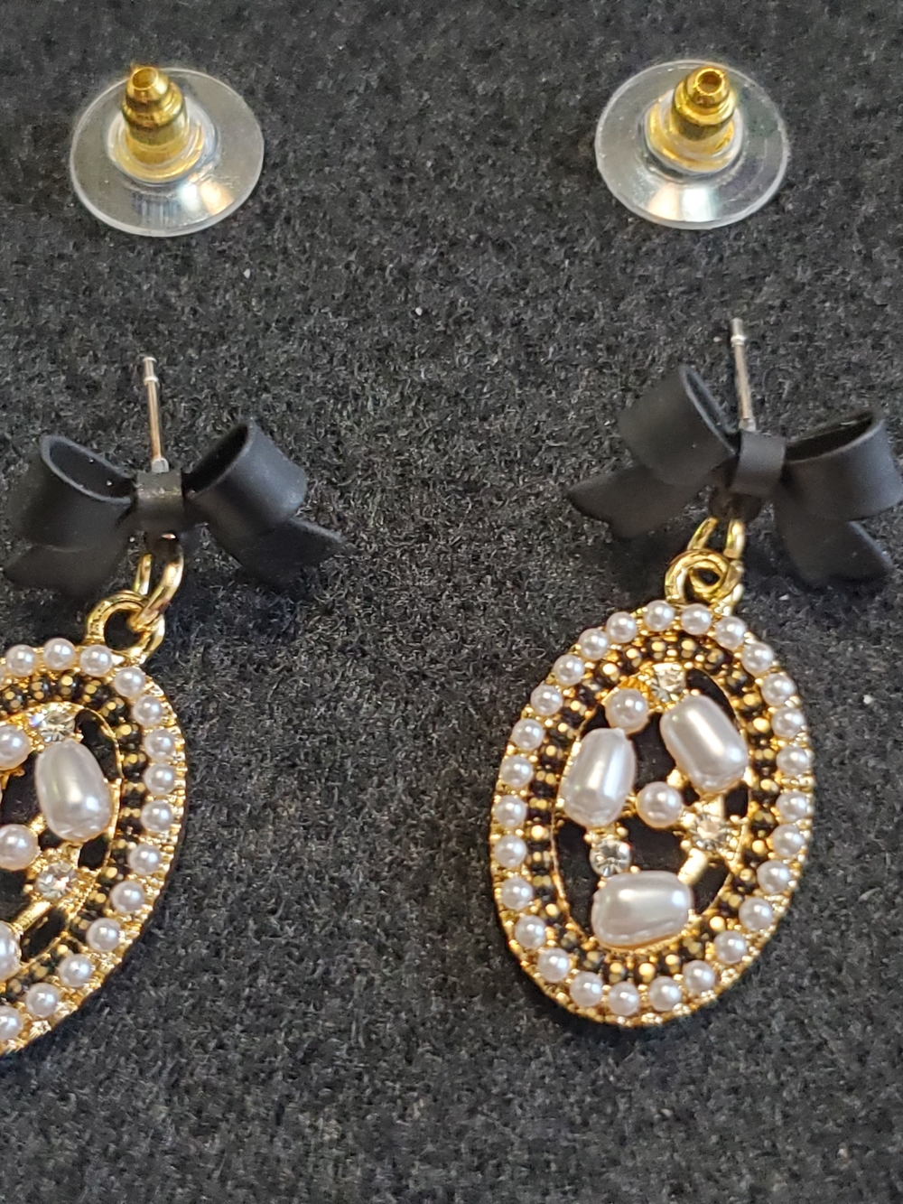 Gold Pearl Oval Drop Earrings with Black Bow